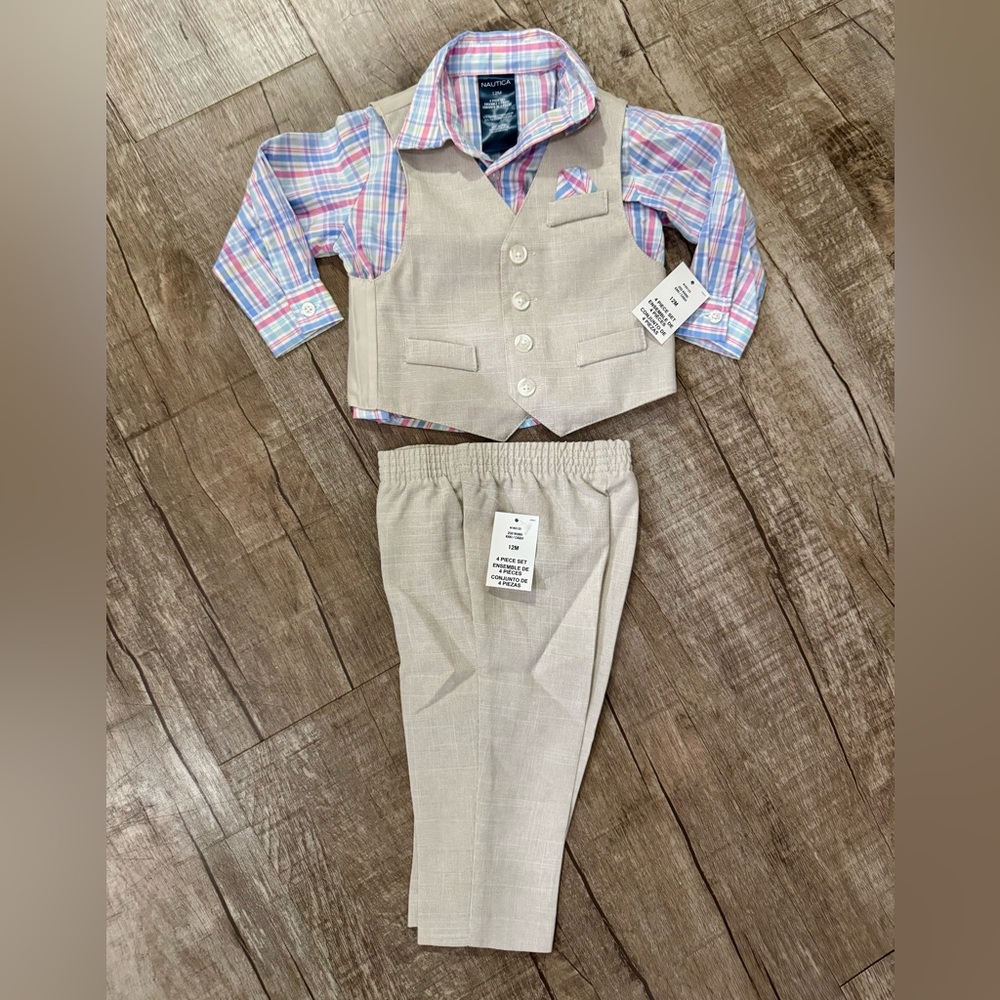 Nautica Kids 2 Piece Vest‎ Set Plaid Shirt Khaki Pants 12M NWT